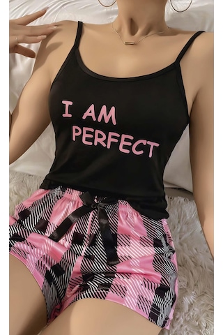 Kadın Siyah Kare Desenli Askılı Şortlu Pijama Takım 5012 Siyah