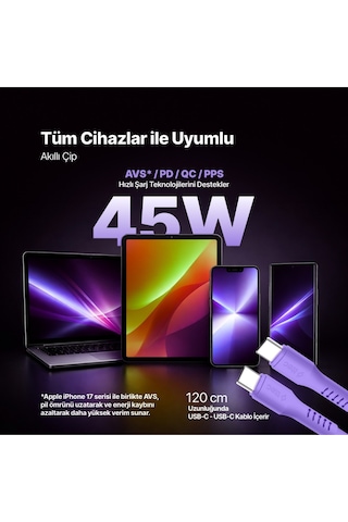 Ttec Smartcharger Gan 45W Avs PD Seyahat Hızlı Şarj Aleti + USB-C - USB-C 3A 120 CM Kablo Neon Mor