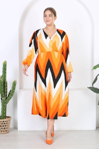 Mooi Xxl Kadın Turuncu Zigzag Desen Kruvaze Yaka Balon Kol Maxi Boy Bürümcük Elbise Turuncu