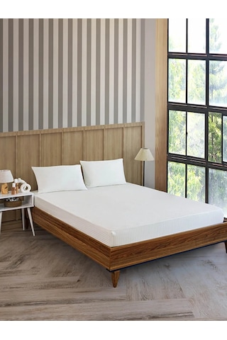 Beyaz Pamuklu Çizgili Saten Lastikli Çarşaf Takımı Tek Kişilik + 1 Yastık Kılıfı Beyaz