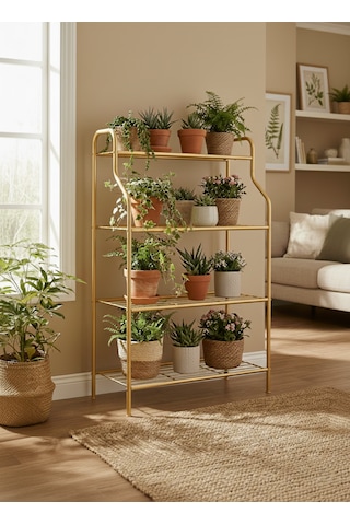 Modern Gold 4 Katlı Metal Çiçeklik Standı: Çok Amaçlı Mutfak,kitaplık&dekoratif Lüks Stand