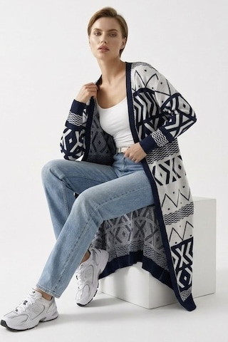 Neden Tekstil Kadın Oversize Triko Uzun Hırka Geometrik Desen - Beyaz-laci