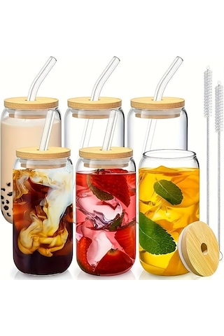 6 Adet Pipetli, Bambu Kapaklı, Soğuk-sıcak Kahve Bardağı
