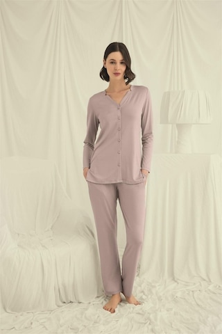 İkikareshop Uzun Kollu Düğmeli V Yaka Pijama Takımı Çok Renkli