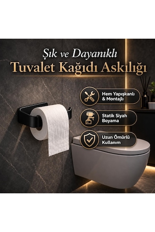 Lexroo Siyah Lamalı Tuvalet Kağıtlığı, Hem Yapışkanlı Hem Vidalı Montajlı Wc Kağıt Askılığı