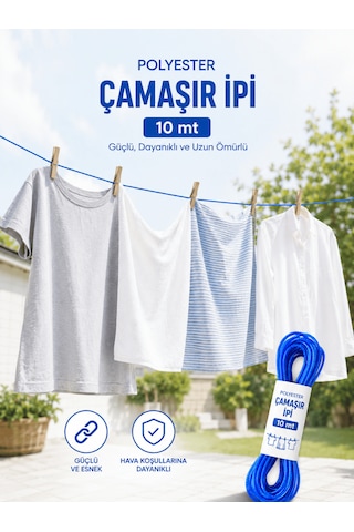Beylini 2 Adet 10 Mt Polyester Çamaşır İpi Pvc Kaplama Sarkma Yapmaz Balkon Çamaşır Askılığı Çok Amaçlı Kurutma Mavi