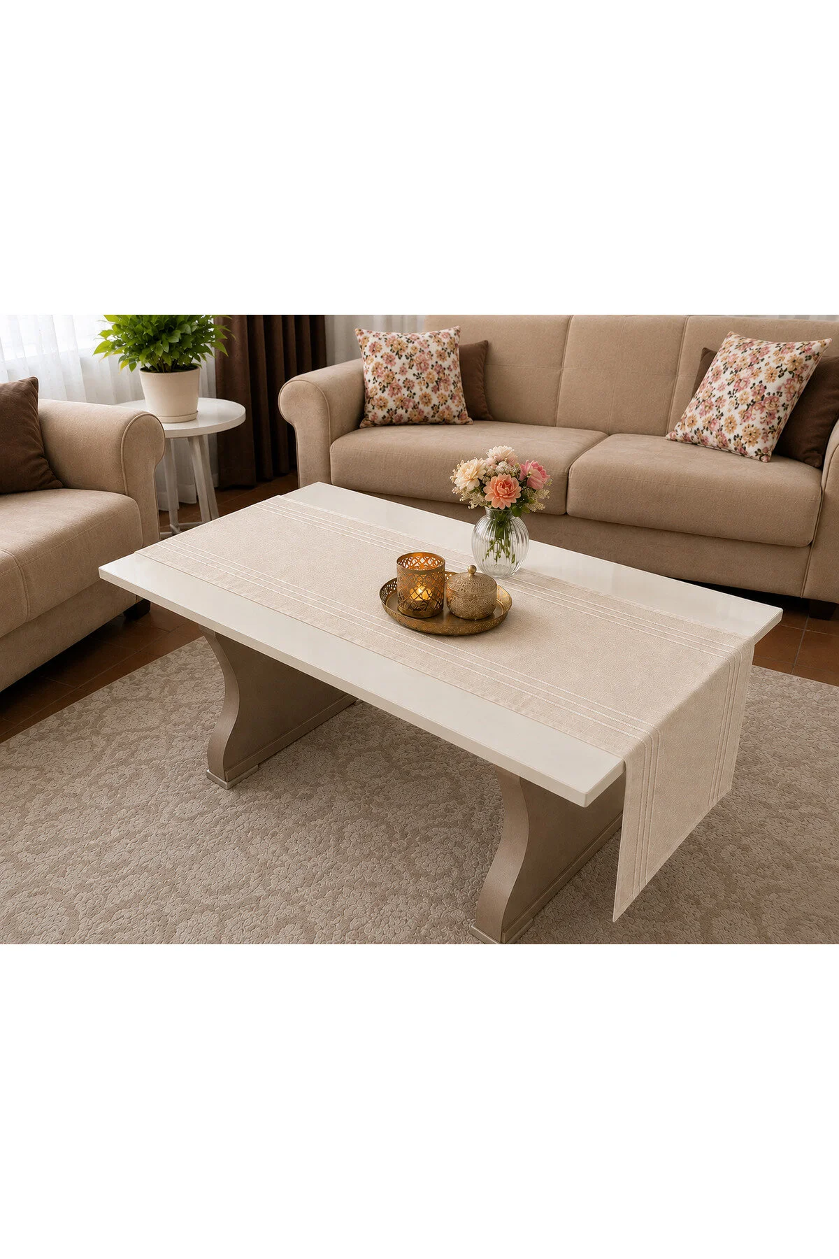 %100 Polyester Dertsiz Leke Tutmaz Şerit Desenli Runner Masa Örtüsü 34x220 Cm Krem