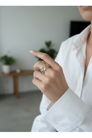 Valmont Accessories Kadın Gold Renk Beyaz Damla Taşlı Çok Sıralı Yüzük