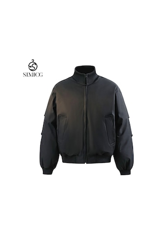 Üçlü Dayanıklı Dik Yaka Bol Retro Erkek Pamuklu Dolgulu Ceket Siyah