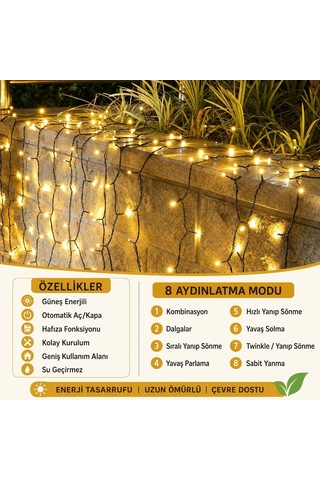 Güneş Enerjili Led Bahçe Işığı 12 Metre 100 Led Solar Işık Zinciri, Ip65 Su Geçirmez, 8 Aydınlatma Modu, Dış Mekan, Balkon, Teras, Çit Ve Ağaç Dekoru Diğer