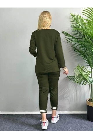 Defymoda Kadın Uzun Kollu Ribana Detay Viskon Iki Iplik Ikili Takım Haki