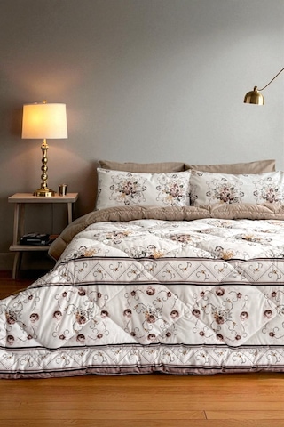 Alla Turca Çift Kişilik 4 Yastık Kılıflı Lastikli Çarşaflı Çift Taraflı Desenli Uyku Seti-kanaviçe Sütlü Kahve Sütlü Kahve