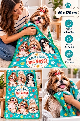Kedi & Köpek Kurulama Havluları Shih Tzu - Köpek Desenli Büyük Boy Hızlı Kuruyan 60x120cm