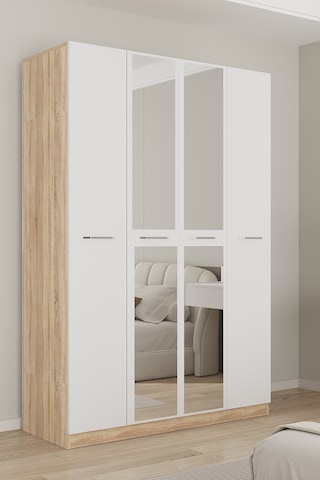 Aeka Ae-3191 Burç Aynalı 4 Kapaklı Çok Bölmeli Askılı Raflı Ve Çekmeceli 210x140x53cm Gardırop Sonoma - Beyaz