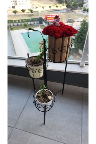 3 Hazneli Metal Bitki Standı / Çiçeklik - 18 Cm Saksı Uyumlu - Si