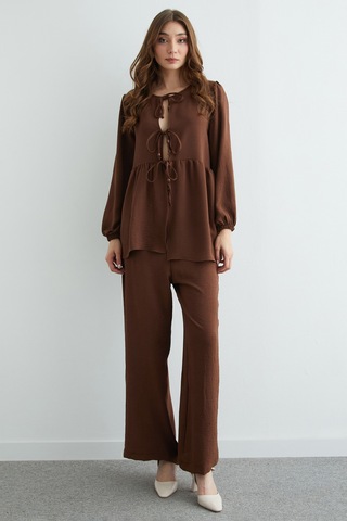 Fullamoda Fullamodest Önü Bağlamalı Ayrobin Kimono 2 Li Takım Kahve
