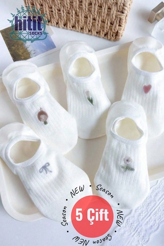 Kadın 5 Çift Premium Fiyonk Çiçek Ve Kalp Desenli Babet Çorap Seker Beyazı ASORTİ