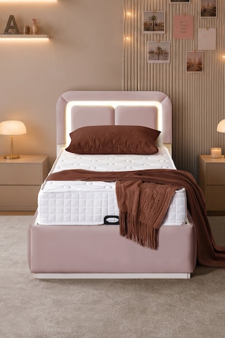 Demonte Baza Seti, Nox Ledli Tek Kişilik Baza Başlık Maxi Yatak Seti, Pembe - 100x200 Cm 100 x 200