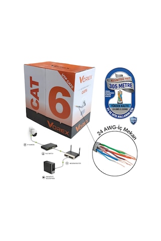 Vorex Cat6 Utp 305 Metre İç Mekan Ethernet Ağ Kablosu - 24 Awg 0.50mm Gri Esnek Pvc Kılıf