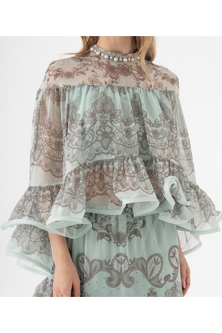 Dantel Desenli Katlı Şifon Volanlı Bluz Mint