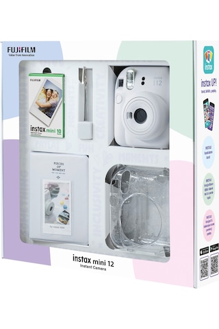Fujifilm Instax Mini 12 Fotoğraf Makinesi + 10'lu Film + Simli Pleksi Kılıf + Pvc Albüm + Kıskaçlı Resim Standı Beyaz