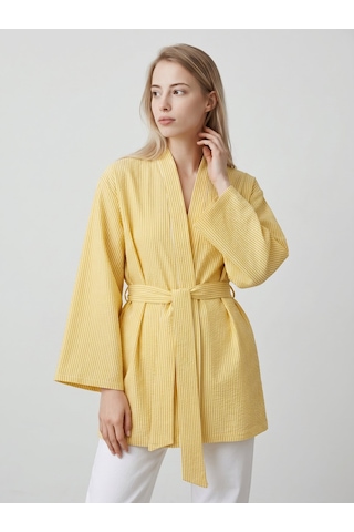 Saade Sââde Kadın Dikey Çizgili Geniş Kollu Şık Yazlık Relaxed Kimono Sarı