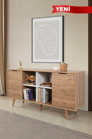 4621 Sina 160 Cm Ahşap Ayaklı , Metal Kulplu Konsol , Sepet - Beyaz , Oturma Odası , Salon Diğer
