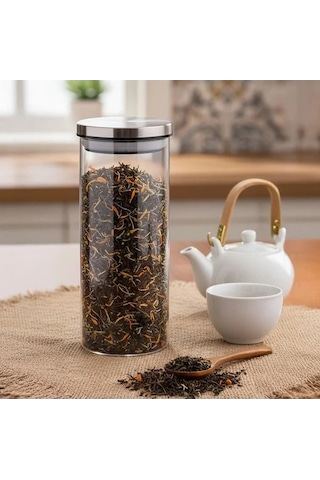 1000ml Vakumlu Metal Kapaklı Borosilikat Cam Kavanoz, 8.5x20 Cm Ölçülerinde Açık Kahverengi