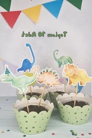 Lüks Büyük Boy Dinozor Konsept Kürdan Süsleri, 10'lu Paket, Cupcake Süsleme Açık Kahverengi