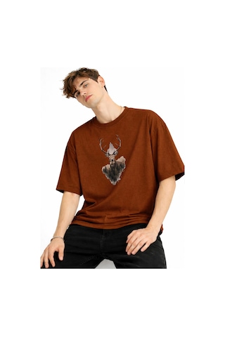 Misa Tahtakale Deer - Oversize Erkek Tişört Kahve Çok Renkli