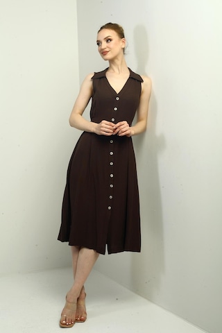 By Saygı Kadın Polo Yaka Ön Pile Düğme Detaylı Midi Keten Elbise-40634 Kahve