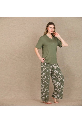 Modenya Herşeytrend Şık Tasarım Çiçek Desenli Yeşil Kısa Kol Viskon Pijama Takımı Yeşil