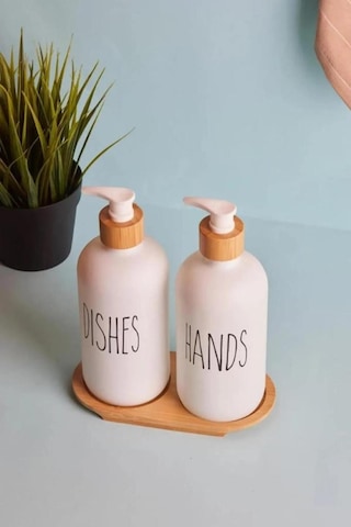 2 Li Beyaz Mutfak Sıvı Sabunluk Seti 500ml+500ml Bambu Standlı