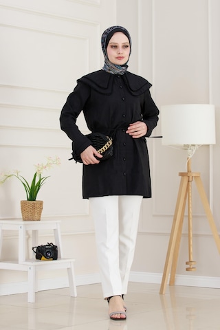 Sevitli Çift Yaka Dantelli Tunik-siyah-4981 Siyah