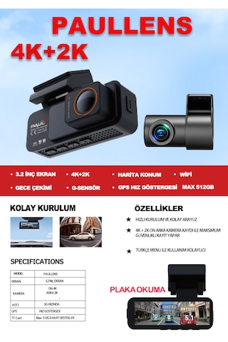 4k Yapay Zekalı Araç Kamerası Ön Arka Plaka Okuma, Hız Göstergesi, Gps Harita, Adas, 5g Wi-fi