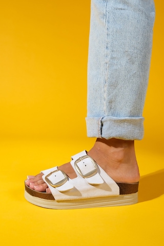 Harbor Beyaz Süet Çift Bantlı Hakiki Deri Kadın Kalın Tabanlı Terlik Beyaz