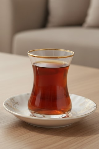6 Kişilik Emboss Lüks Desen Porselen Altın Yaldızlı Çay Takımı 12 Parça Beyaz