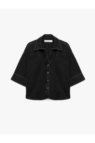 Koton Arkası Katlama Detaylı V Yaka Düğmeli 3/4 Kollu Oversize Denim Gömlek Siyah 7wal60012md