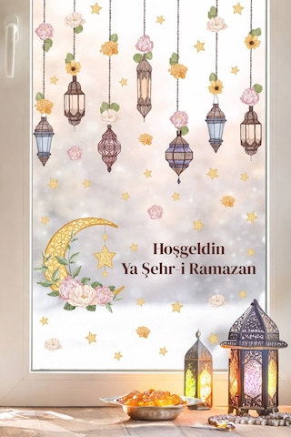 Hoşgeldin Ya Şehr-i Ramazan Duvar Sticker Seti Fener & Ay Yıldız Temalı Dekor Dijital Baskı
