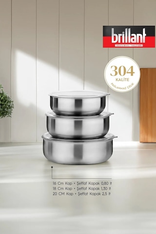 6 Parça Aldip Çelik Saklama Kabı Seti 3'lü 16-18-20 Cm - Şeffaf Kapaklı Metal Saklama Kabı Gümüş