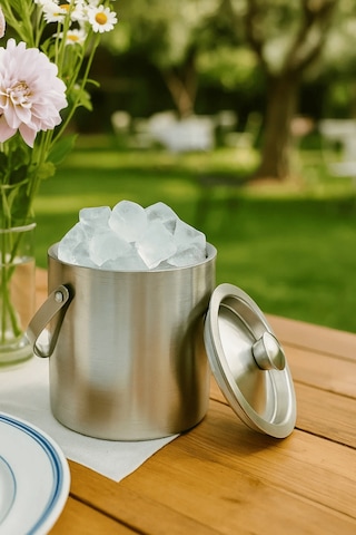 Paslanmaz Çelik Çift Cidar Taşınabilir Saplı - Kapaklı 1 Lt. Buz Kovası Gri