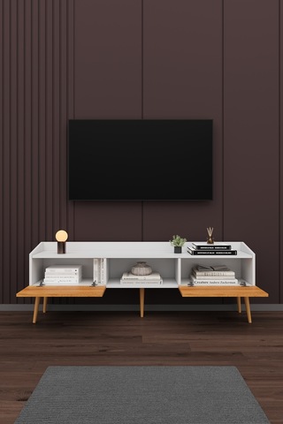 Asra Trend Tv Ünitesi Tv Sehpası T-28 %100 MDF Ayaklı Modern Medya Ünitesi Beyaz - Petra