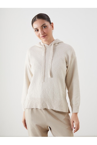 Lcwaıkıkı Classic Bej Kapüşonlu Oversize Kadın Triko Kazak