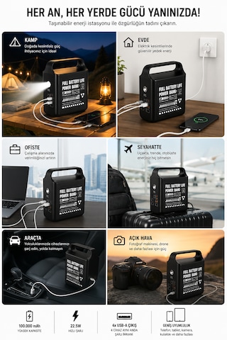 Taşınabilir Güç İstasyonu 100.000 Mah 100w Hızlı Şarj Güçlü Led Aydınlatma Dahili Kablolu Powerbank Siyah