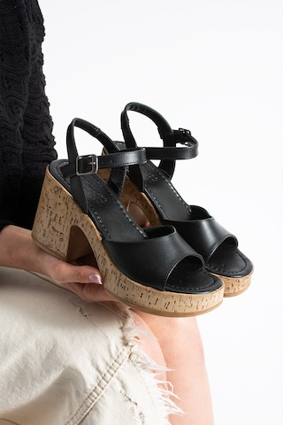 Dabab Shoes Loreva Kadın Siyah Platform Taban 9 Cm Kalın Topuklu Bilekten Bantlı Sandalet