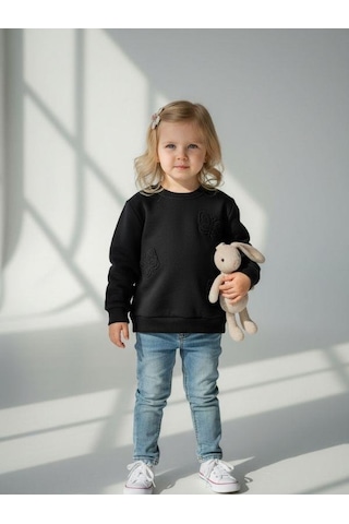 Kız Çocuk Kelebek Desenli Sweatshirt-16229 Siyah