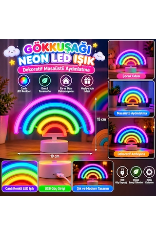 Plastik Gökkuşağı Neon Led Işık Dekoratif Renkli Masaüstü Ve Ambiyans Aydınlatması 15x25cm