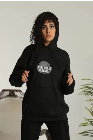 De'charme Unisex Sırt Baskılı Kapüşonlu Üç İplik Oversize Sweatshirt - Siyah