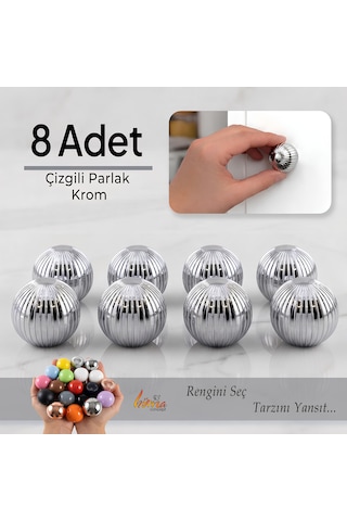 8 Adet Sert Plastik Düğme Yuvarlak Top Çizgili Parlak Krom Dolap Mobilya Mutfak Dolabı Çekmece Kulbu Kulpu Kulplar
