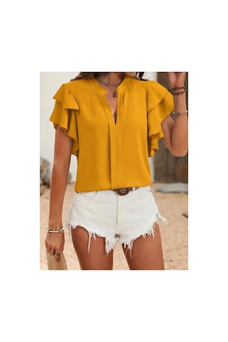 Butik İstanbul Kadın Kısa Kollu V Hakim Yaka Kolları Fırfırlı Dubai Bluz Sarı